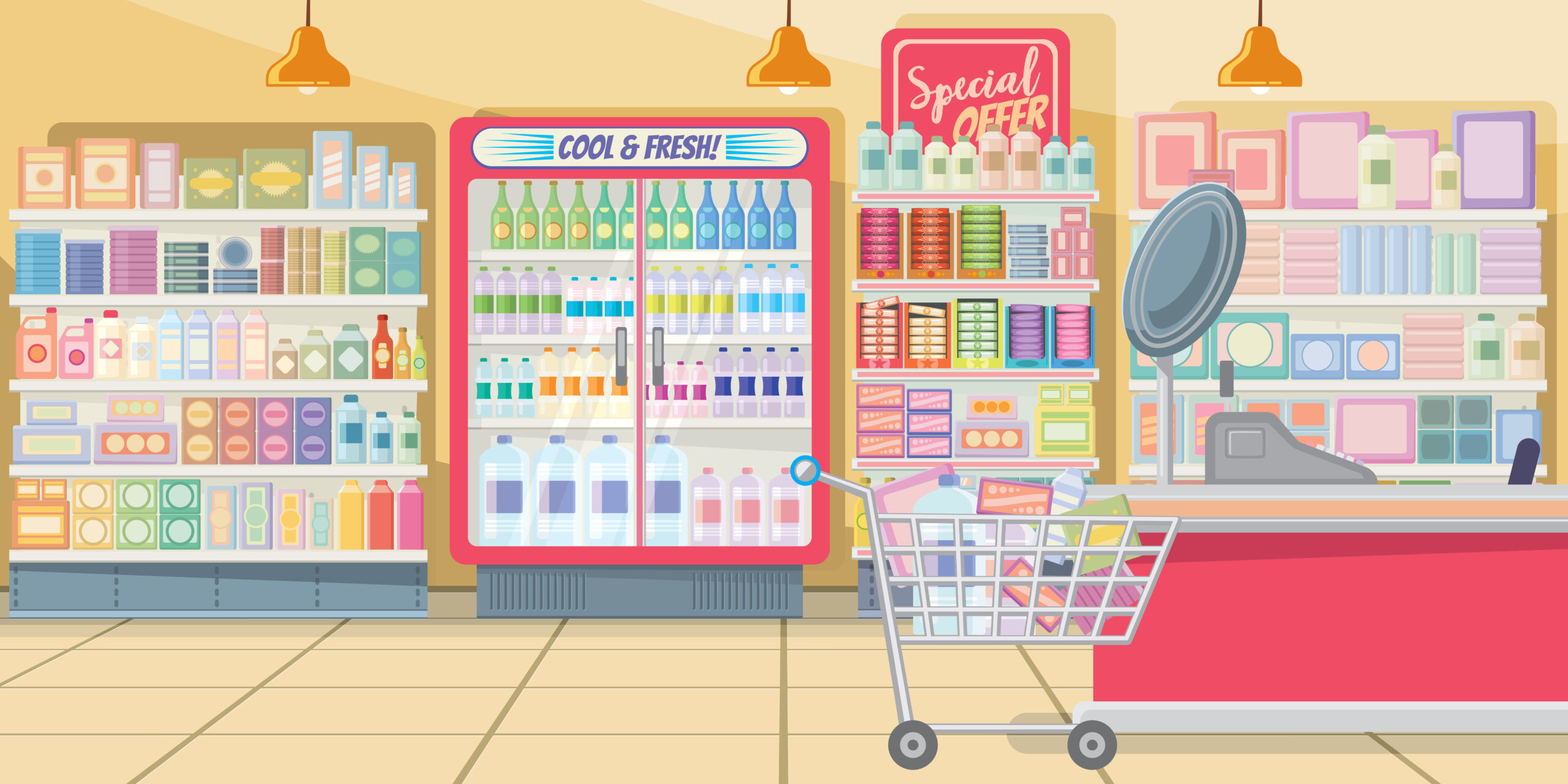 Supermarket with food shelves vector illustration. Modern shop in pink color with full shopping cart at cashier. Interior illustration